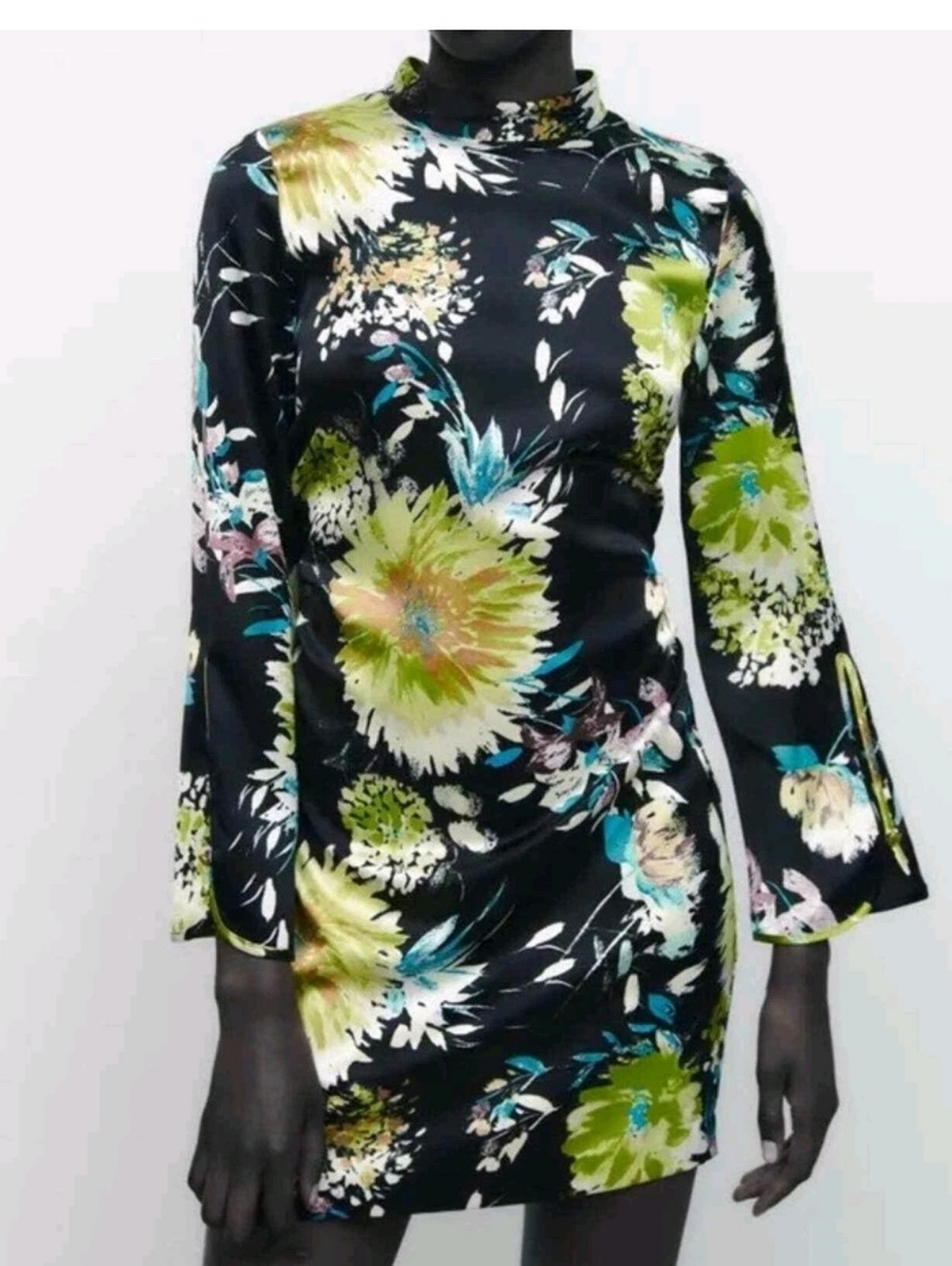 Zara Floral Satin Ruched Mock Neck Mini Dress Size XS